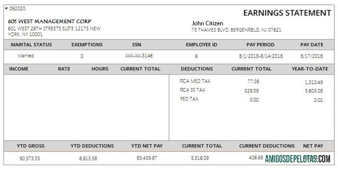 Realista Modelo de recibo de pagamento da USA 601 WEST Management Corporation em formatos Word e PDF